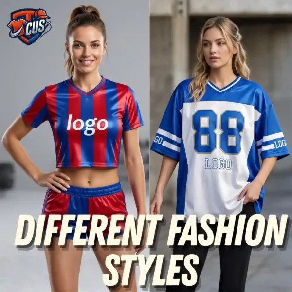 Stylish custom soccer jerseys for women in red - blue and blue - white, different fashion styles for sports lovers