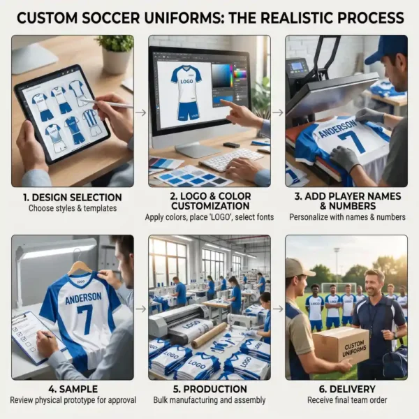 The realistic process of custom soccer uniforms, from design to delivery, for your reference.