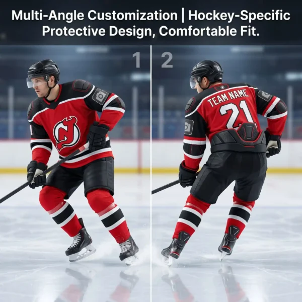 45-degree side view of red and black custom hockey jersey on model, highlighting shoulder pads, waistline curves, customizable sleeve and back logo positions, zipper details, ice rink reflection background, with text "Multi-Angle Customization | Hockey Protective Design, Comfortable Fit" – sublimated polyester uniform.