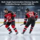 45-degree side view of red and black custom hockey jersey on model, highlighting shoulder pads, waistline curves, customizable sleeve and back logo positions, zipper details, ice rink reflection background, with text "Multi-Angle Customization | Hockey Protective Design, Comfortable Fit" – sublimated polyester uniform.