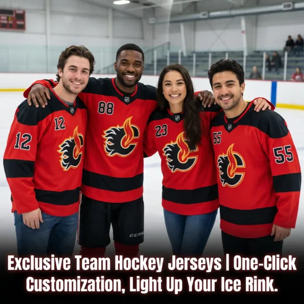 Team scene (social sharing style). Core visual: A group photo of 3-5 people posing on an ice rink, all wearing matching red and black themed hockey jerseys. Each jersey features slight variations in the design (different numbers) to showcase flexible bulk customization. Text overlay: 'Exclusive Team Hockey Jerseys | One-Click Customization, Light Up Your Ice Rink.' English version, 1:1 aspect ratio, two images.