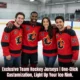 Team scene (social sharing style). Core visual: A group photo of 3-5 people posing on an ice rink, all wearing matching red and black themed hockey jerseys. Each jersey features slight variations in the design (different numbers) to showcase flexible bulk customization. Text overlay: 'Exclusive Team Hockey Jerseys | One-Click Customization, Light Up Your Ice Rink.' English version, 1:1 aspect ratio, two images.