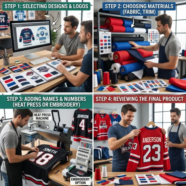 Custom ice hockey jersey customization: player selecting fabric and team colors on design table