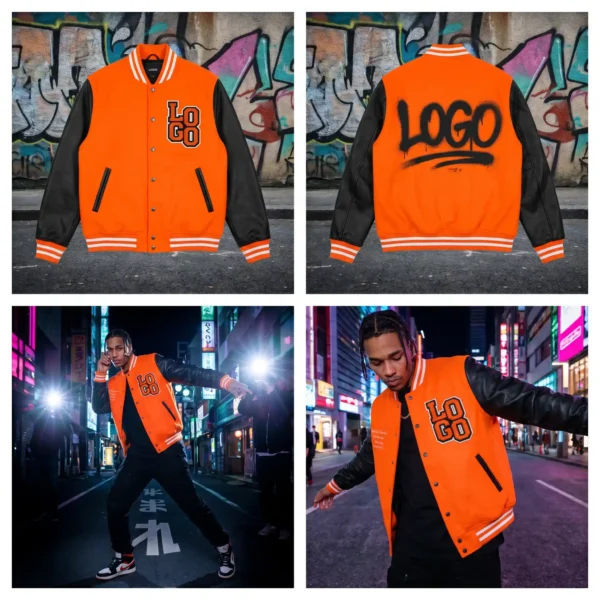 97 Custom High-Energy Orange Varsity Jacket - Bold Street Style