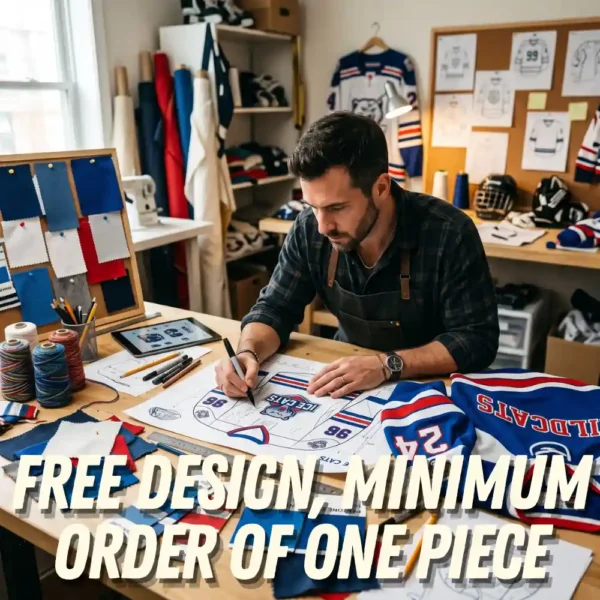 The dedicated designer is concentrating on designing ice hockey uniforms at the desk, surrounded by fabrics and samples.