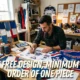 The dedicated designer is concentrating on designing ice hockey uniforms at the desk, surrounded by fabrics and samples.