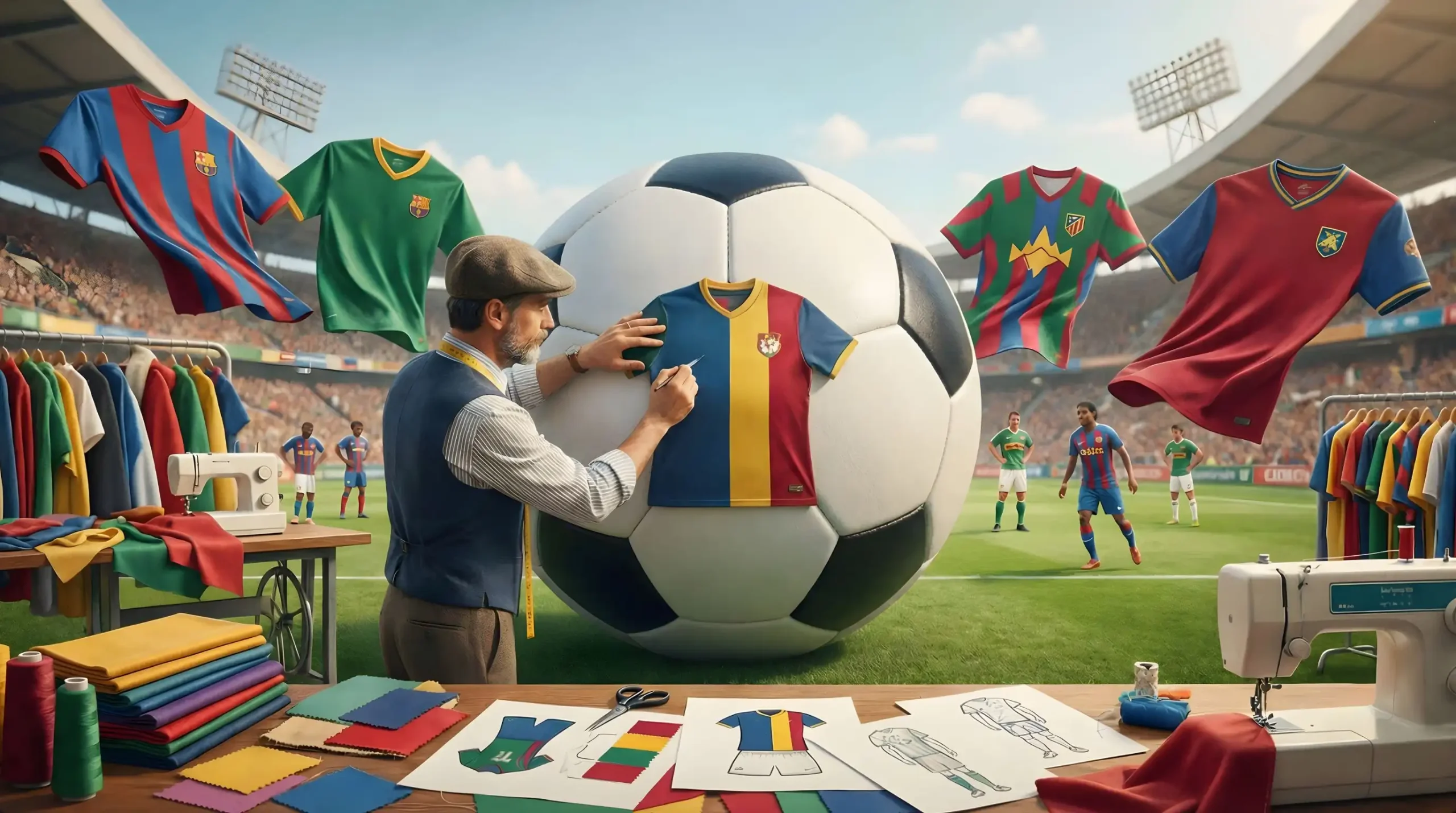 High-quality premium custom soccer jerseys and football kits with a modern design and a standard soccer ball.